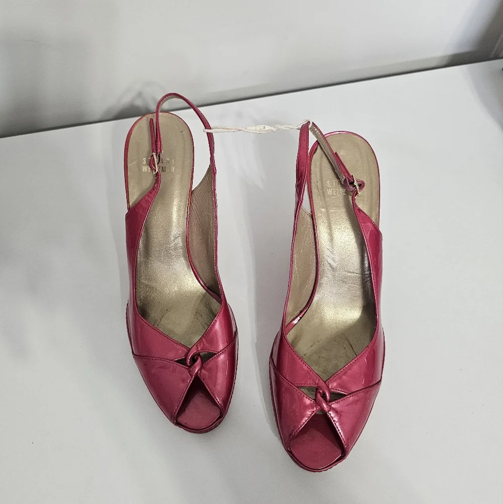 sz 9.5 M Stuart Weitzman Pink Tan Espadrille Wedge Sandals Slingback Patent - Picture 5 of 8